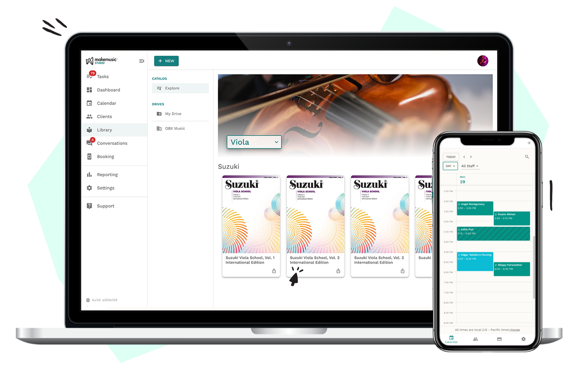 MakeMusic Studio Suzuki library interface on laptop and phone