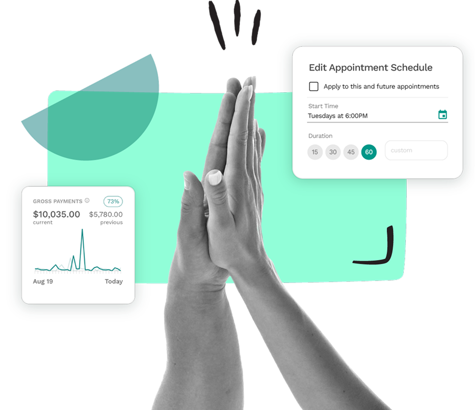 Two hands high-fiving in front of a MakeMusic Studio appointment scheduling and gross payments dashboard mockup